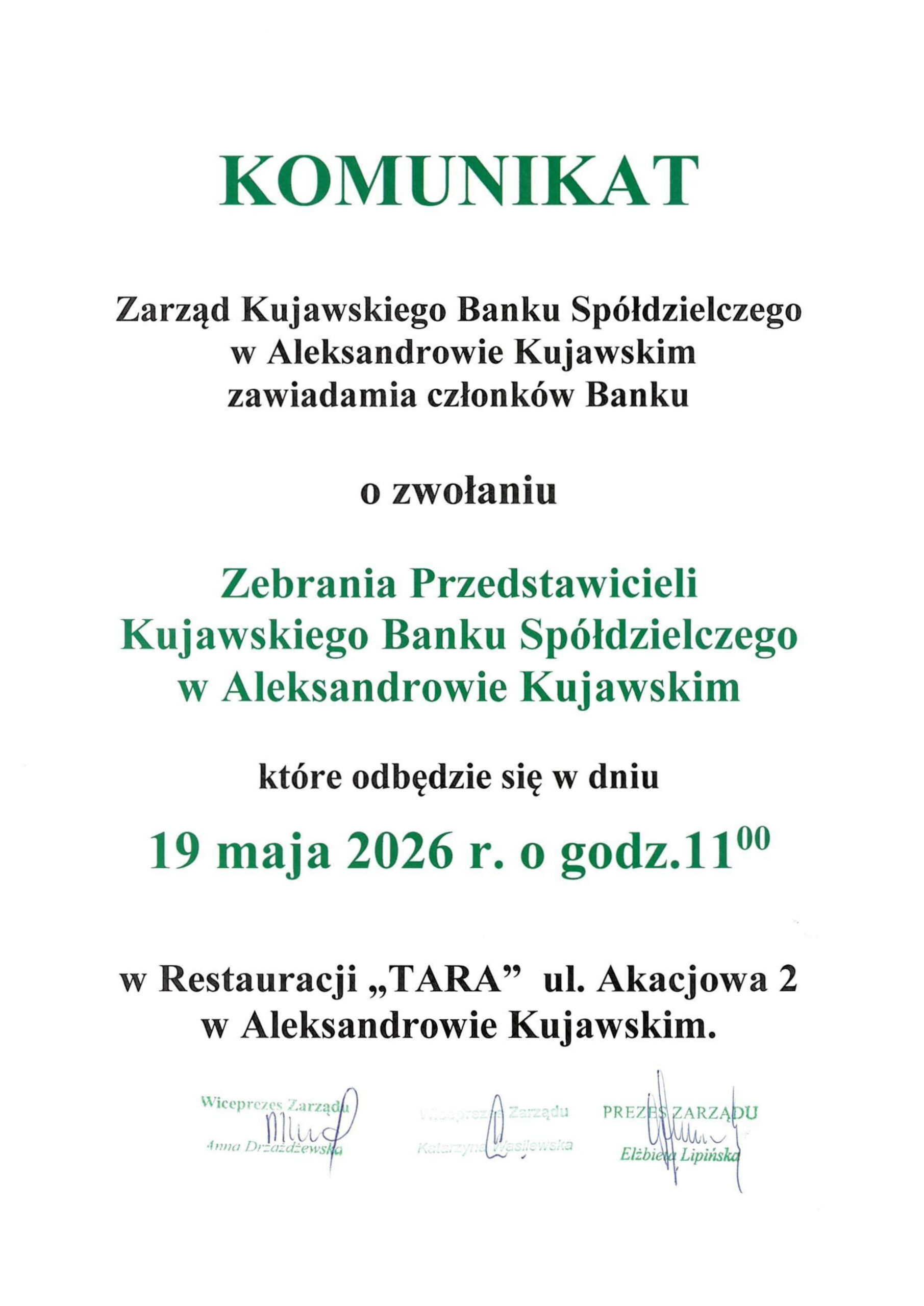 zebranie przedstawicieli KBS w Aleks. Kuj. w dniu 19.05.2026r. o 11:00 w restauracji "TARA" ul. Akacjowa 2, Aleks. Kuj.